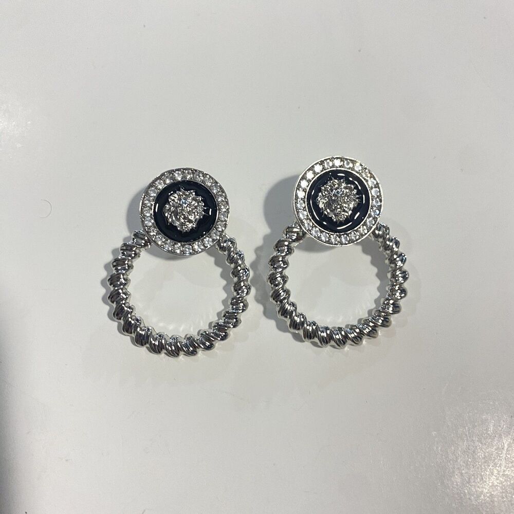 Silver Tone Twisted Rope Hoop Earrings Black Lion Crystal Dangle Drop Gift